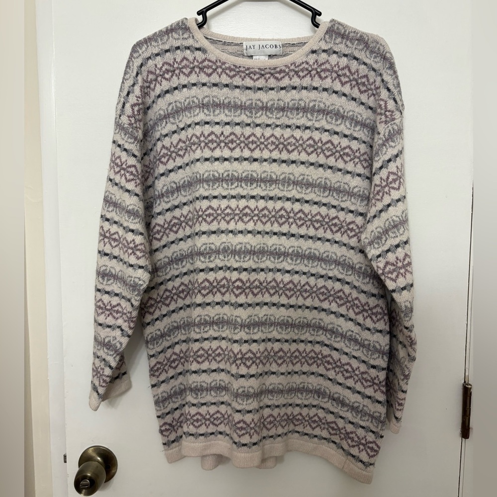 VTG 90s Jay Jacobs Fair Isle Knit Sweater Silk Angora Crewneck Coastal Large
